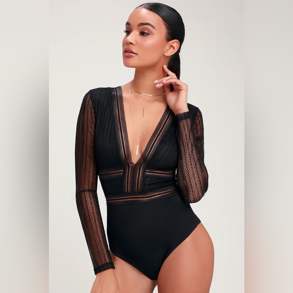 Lulu’s Casita Black Sheer Lace Long Sleeve Bodysuit